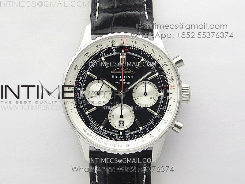 Navitimer B01 43mm SS BLSF 1:1 Best Edition Black Dial Silver Subdials On Black Leather Strap A7750
