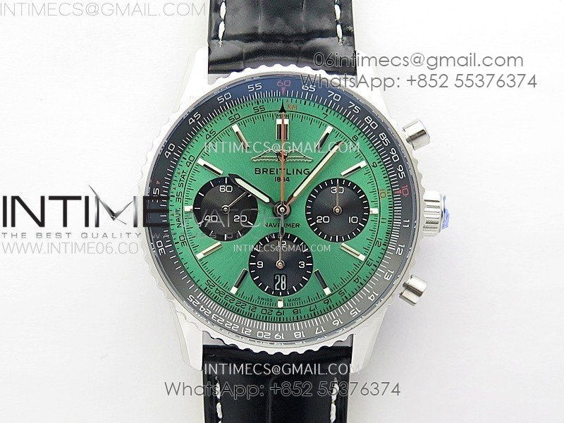 Navitimer B01 43mm SS BLSF 1:1 Best Edition Green Dial Black Subdials On Black Leather Strap A7750