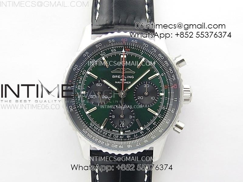 Navitimer B01 43mm SS BLSF 1:1 Best Edition Green Dial On Black Leather Strap A7750