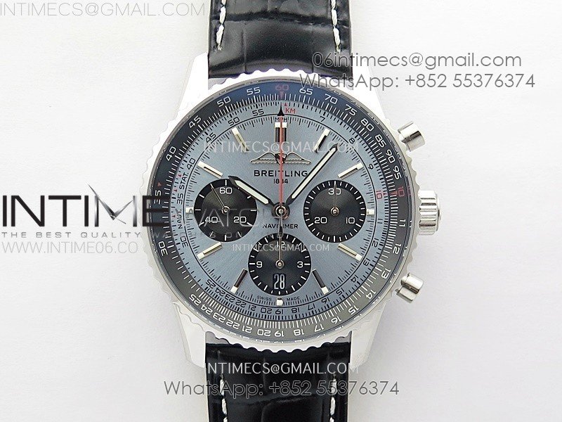 Navitimer B01 43mm SS BLSF 1:1 Best Edition Ice Blue Dial Black Subdials On Black Leather Strap A7750