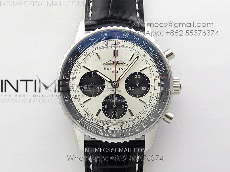 Navitimer B01 43mm SS BLSF 1:1 Best Edition Silver Dial Black Subdials On Black Leather Strap A7750
