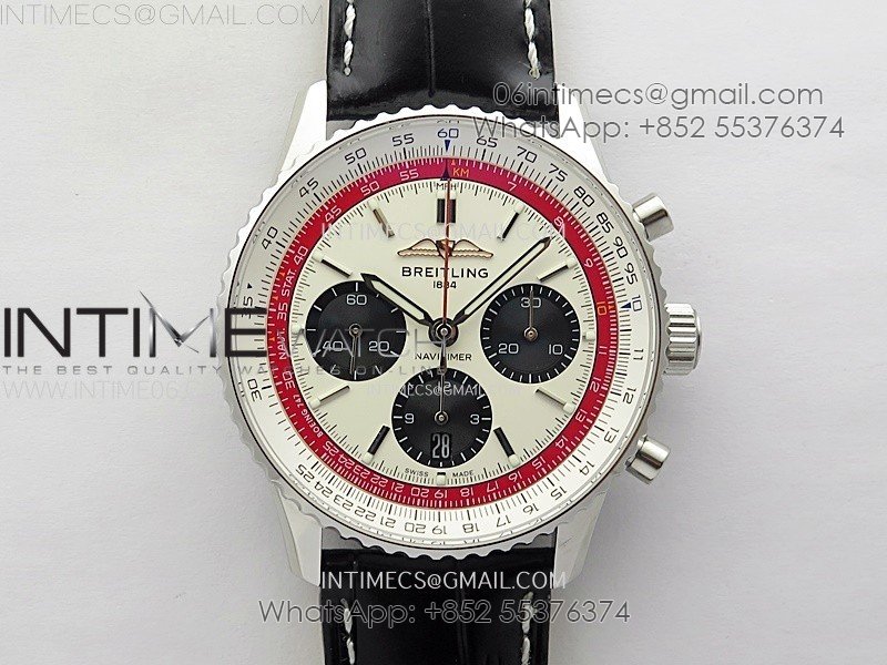 Navitimer B01 43mm SS BLSF 1:1 Best Edition White Dial Black Subdials On Black Leather Strap A7750