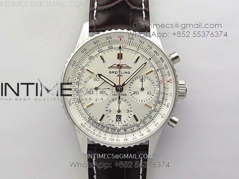 Navitimer B01 43mm SS BLSF 1:1 Best Edition White Dial On Brown Leather Strap A7750