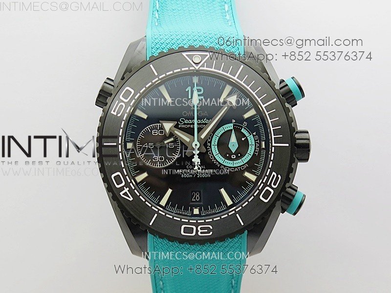 Planet Ocean Master Chrono Deep Black Ceramic SCF 1:1 Best Edition Black Dial on Light Blue Rubber Strap A9900