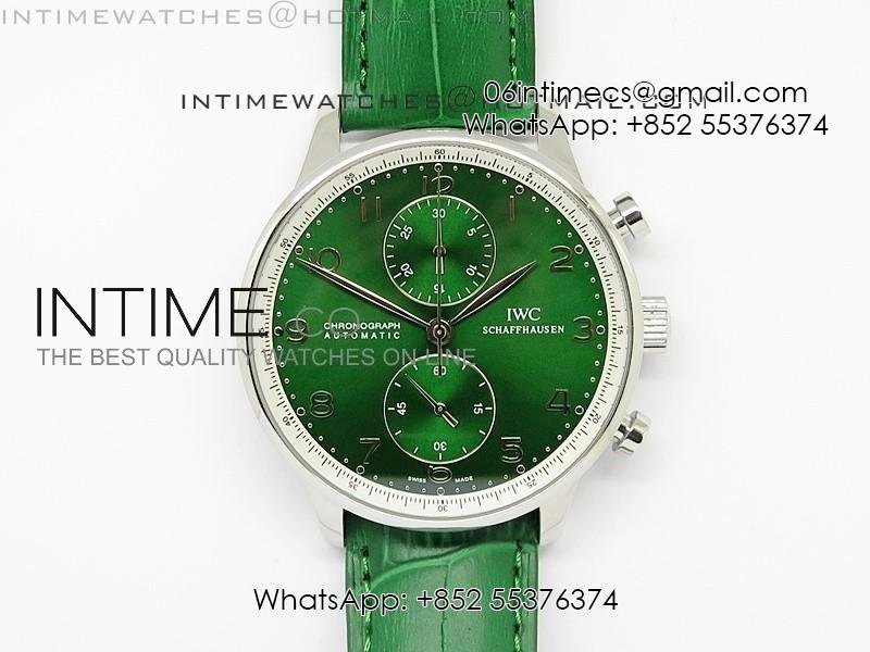 portuguese-40mm-chrono-ss-green-dial-on-leather-strap-a7750.jpg Portuguese 40mm Chrono SS Green Dial on Leather Strap A7750 - Image 1