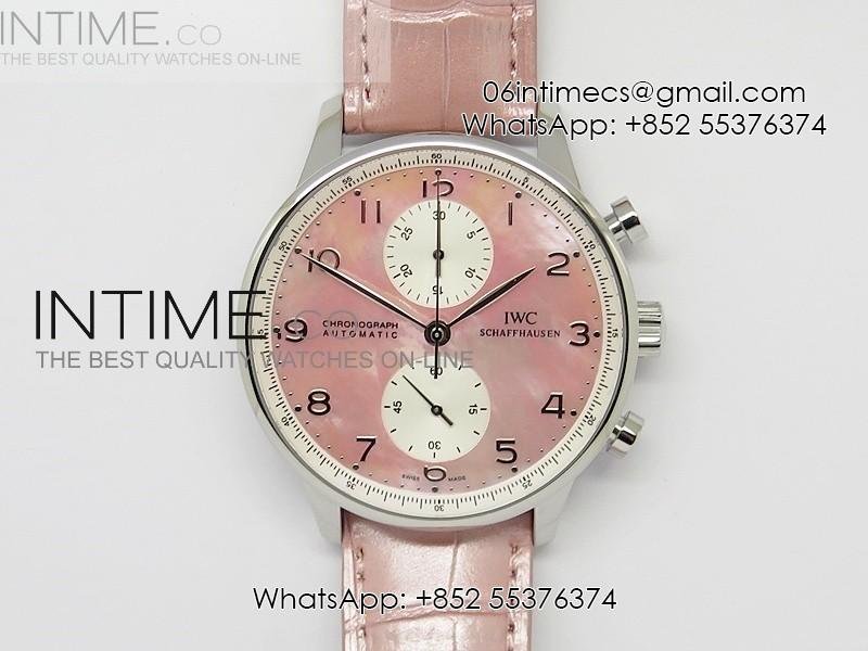 portuguese-40mm-chrono-ss-pink-mop-dial-on-pink-croco-leather-strap-a7750.jpg Portuguese 40mm Chrono SS Pink MOP Dial on Pink Leather Strap A7750 - Image 1
