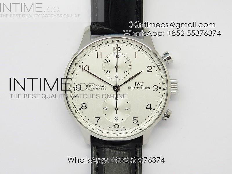 portuguese-40mm-chrono-ss-white-dial-sliver-number-on-leather-strap-a7750.jpg Portuguese 40mm Chrono SS White Dial Sliver Number on Leather Strap A7750 - Image 1