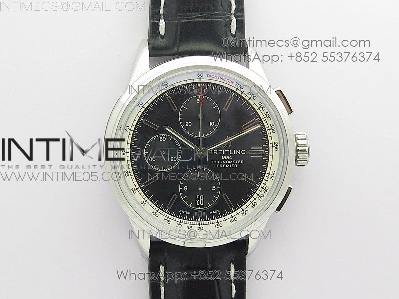 Premier A13315351 SS 42mm BLS 1:1 Best Edition Black Dial on Black Leather Strap A7750