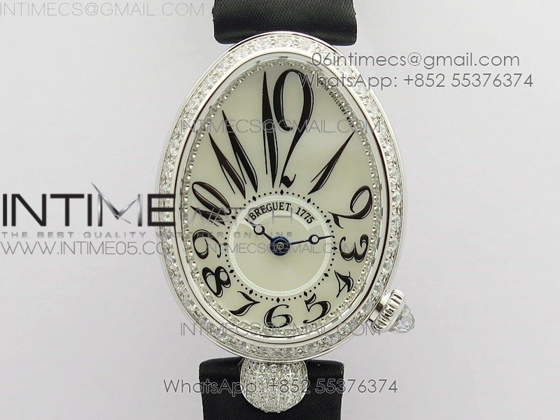 Reine de Naples 8928BB 33mm SS ZF 1:1 Best Edition White MOP Dial Numeral Markers Diamonds Bezel on Black Fabric Strap A537