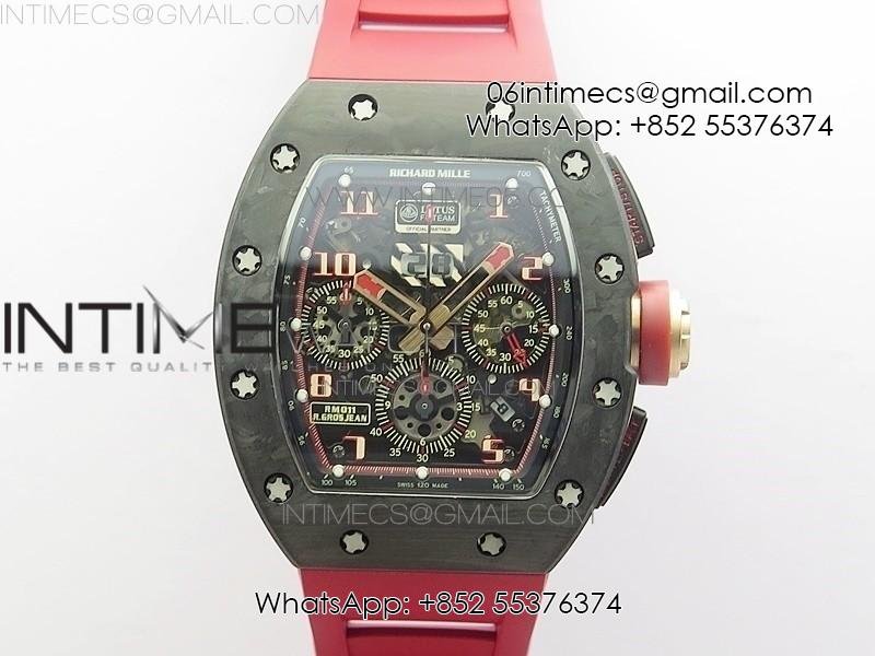 RM011 Carbon Case Carbon Bezel Chronograph KVF 1:1 Best Edition Skeleton Dial Red/RG on Red Rubber Strap A7750