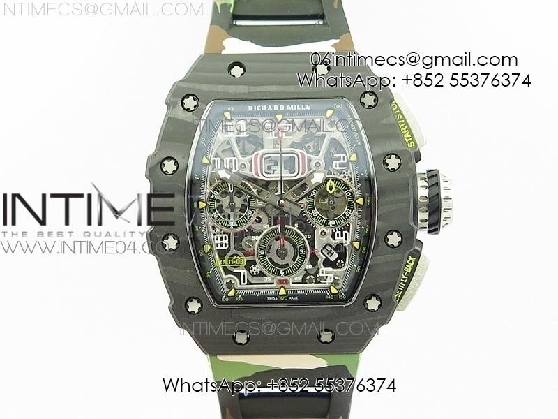 RM011 Carbon Case Chrono KVF 1:1 Best Edition Crystal Skeleton Yellow Dial on Camouflage Rubber Strap A7750