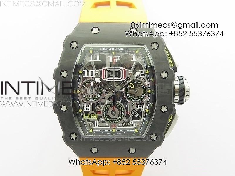 rm011-carbon-case-chrono-kvf-1-1-best-edition-crystal-skeleton-yellow-dial-on-orange-rubber-strap-a7750-v2.jpg RM011 Carbon Case Chrono KVF 1:1 Best Edition Crystal Skeleton Yellow Dial on Orange Rubber Strap A7750 V2 - Image 1