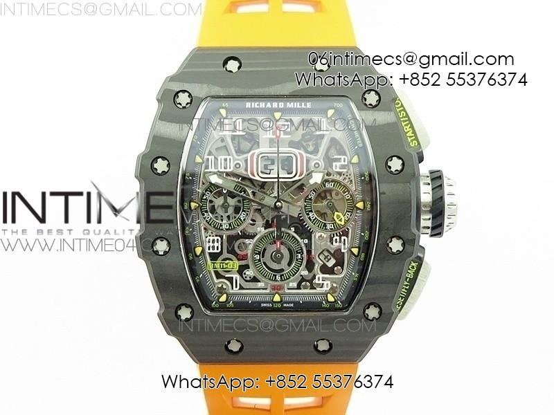rm011-carbon-case-chrono-kvf-1-1-best-edition-crystal-skeleton-yellow-dial-on-orange-rubber-strap-a7750.jpg RM011 Carbon Case Chrono KVF 1:1 Best Edition Crystal Skeleton Yellow Dial on Orange Rubber Strap A7750 - Image 1