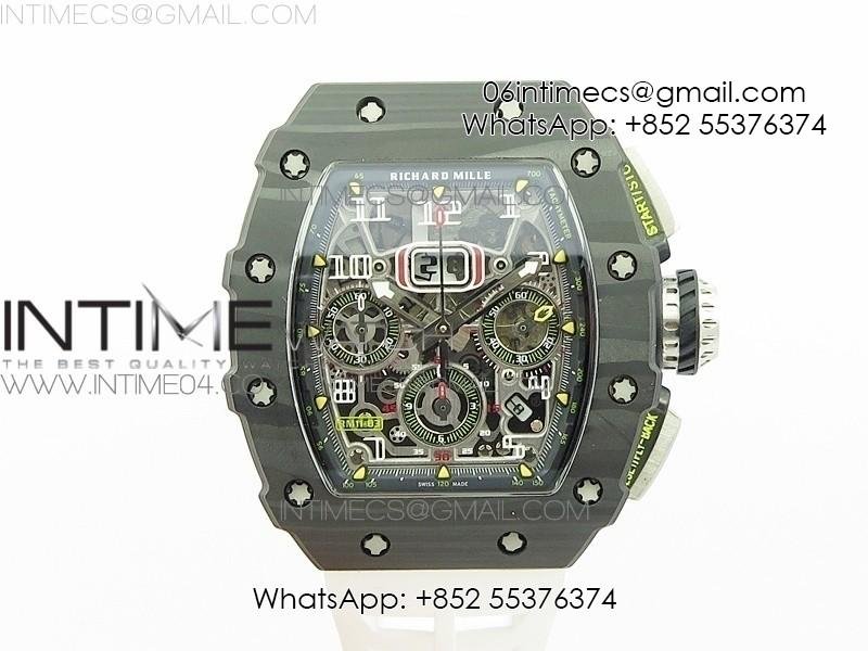 rm011-carbon-case-chrono-kvf-1-1-best-edition-crystal-skeleton-yellow-dial-on-white-rubber-strap-a7750.jpg RM011 Carbon Case Chrono KVF 1:1 Best Edition Crystal Skeleton Yellow Dial on White Rubber Strap A7750 - Image 1