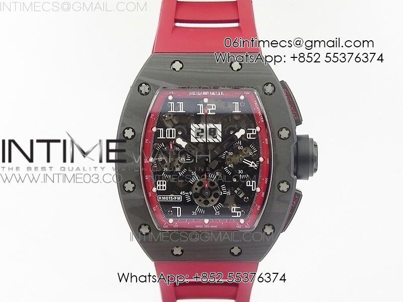 rm011-carbon-case-chronograph-kvf-1-1-best-edition-carbon-case-bezel-skeleton-dial-on-red-rubber-strap-a7750.jpg RM011 Carbon Case Chronograph KVF 1:1 Best Edition Carbon Case Bezel Skeleton Dial on Red Rubber Strap A7750 - Image 1