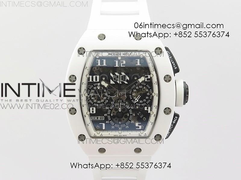 RM011 Carbon Case Chronograph KVF 1:1 Best Edition White Ceramic Bezel Skeleton Dial on White Rubber Strap A7750