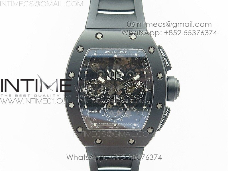 RM011 Ceramic Chronograph KVF 1:1 Best Edition Crystal Skeleton Dial Black on Black Rubber Strap A7750