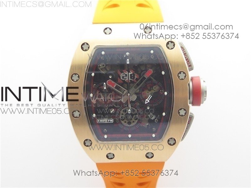RM011-FM RG CHRONOGRAPH RG CASE KVF 1:1 BEST EDITION CRYSTAL SKELETON DIAL ON ORANGE RUBBER STRAP A7750