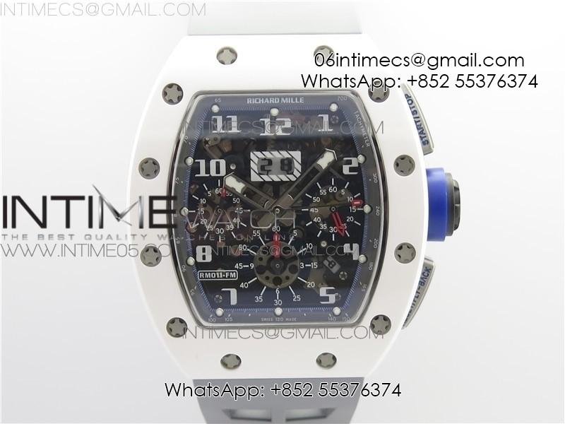 RM011 Real White Ceramic Chronograph KVF 1:1 Best Edition Crystal Skeleton Dial Blue on Gray Rubber Strap A7750