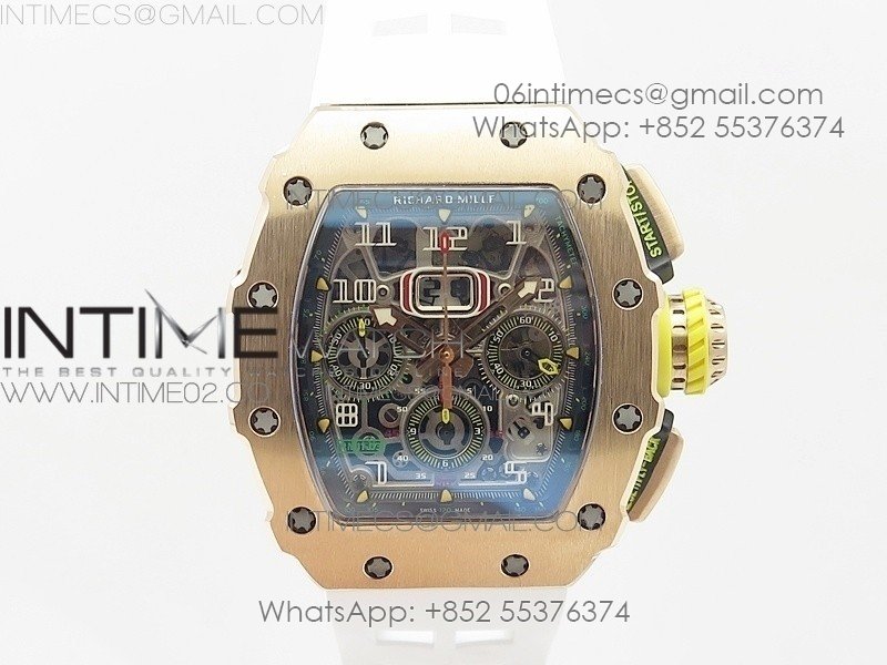 RM011 RG Chronograph RG Case KVF 1:1 Best Edition Crystal Skeleton Dial on White Rubber Strap A7750