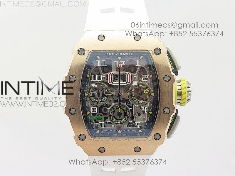 RM011 RG Chronograph SS Case KVF 1:1 Best Edition Crystal Skeleton Dial on White Rubber Strap A7750