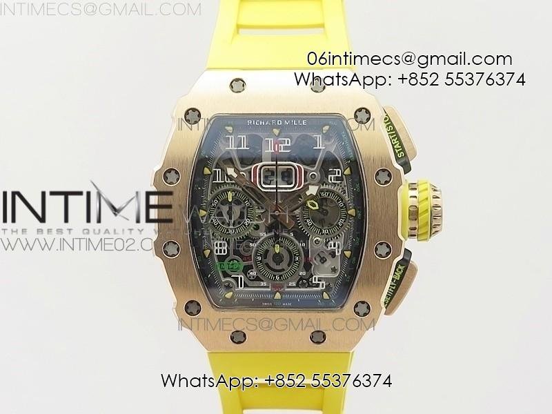 RM011 RG Chronograph SS Case KVF 1:1 Best Edition Crystal Skeleton Dial on Yellow Rubber Strap A7750