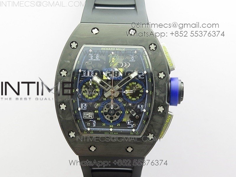 RM011 Titanium Case Carbon Bezel Chronograph KVF 1:1 Best Edition Skeleton Dial Blue Crown on Black Rubber Strap A7750