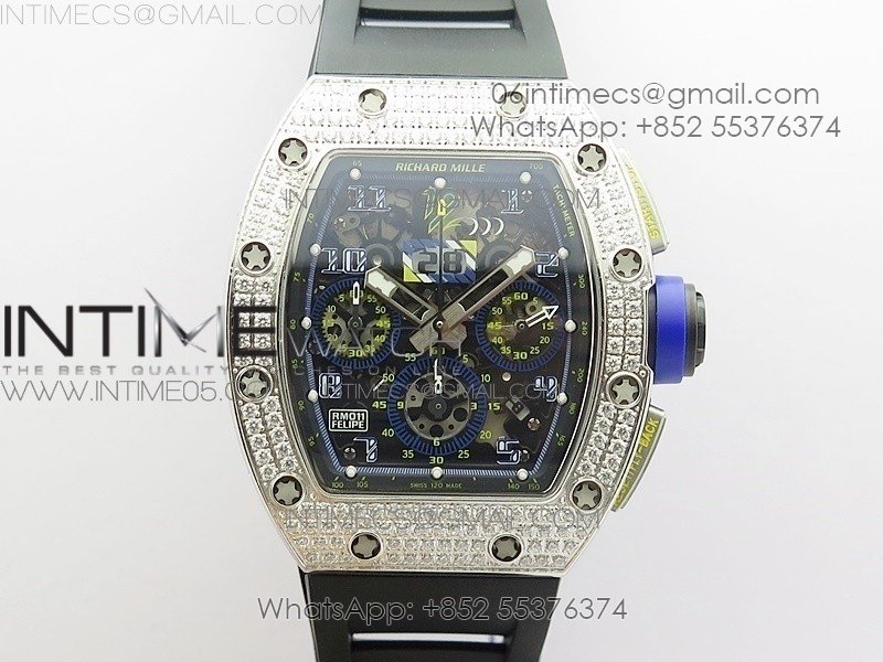 RM011 Titanium Case Diamonds Bezel Chronograph KVF 1:1 Best Edition Skeleton Dial Blue Crown on Black Rubber Strap A7750