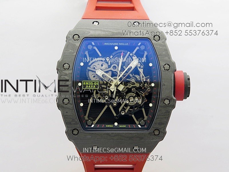 RM035-01 Black Carbon ZF Best Edition Skeleton Dial On Red Rubber Strap Super Clone RMUL2