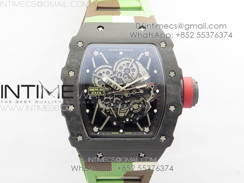 RM035-01 Forged Carbon Case KUF Best Edition Red Crown on Camouflage Rubber Strap MIYOTA8215