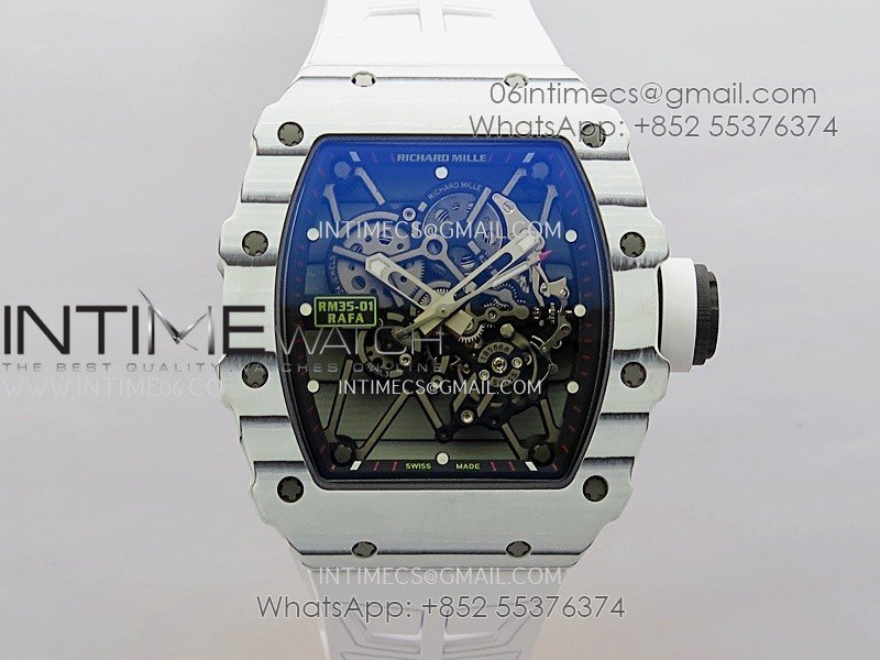 RM035-01 White Carbon ZF Best Edition Skeleton Dial On White Rubber Strap Super Clone RMUL2