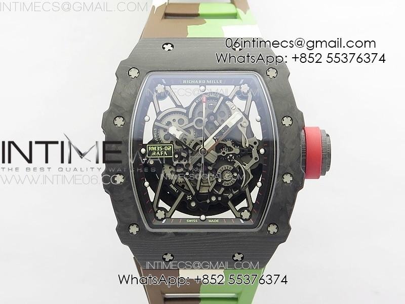 RM035-02 Forged Carbon Case KUF Best Edition Red Crown on Camouflage Rubber Strap MIYOTA8215