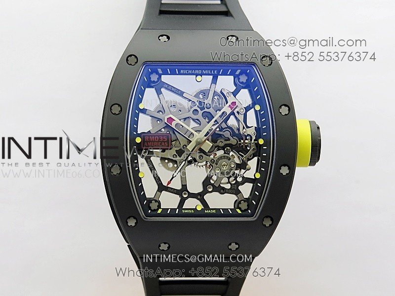 RM035 AMERICAS MANUAL CARBON/BLACK CERAMIC ZF 1:1 BEST EDITION SKELETON DIAL ON BLACK RUBBER STRAP SUPER CLONE RMUL1