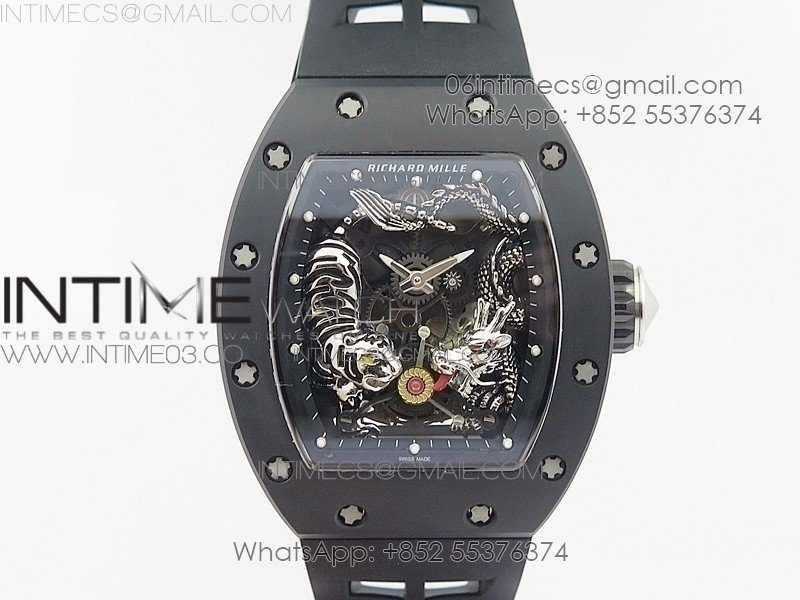 RM051 Real Black Ceramic Case KVF Best Edition Skeleton Dial on White Rubber Strap MIYOTA8215