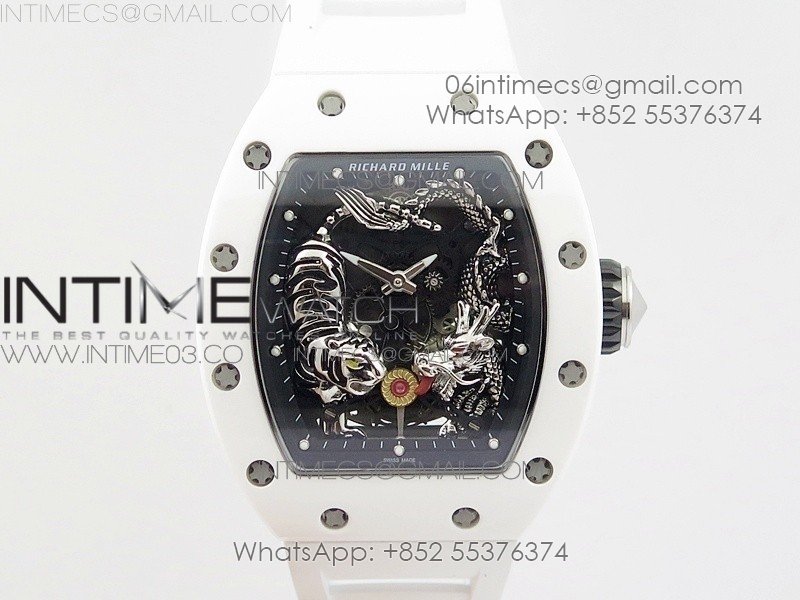 RM051 Real White Ceramic Case KVF Best Edition Skeleton Dial on White Rubber Strap MIYOTA8215