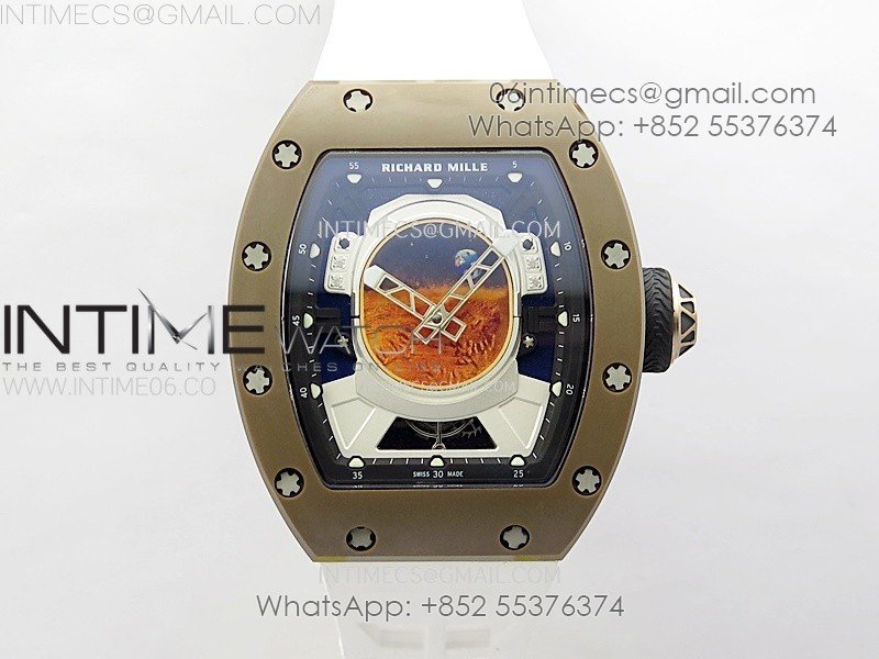 RM052-05 Brown Ceramic Bezel Carbon Case YSF Best Edition Skeleton Dial on White Rubber Strap Tourbillon