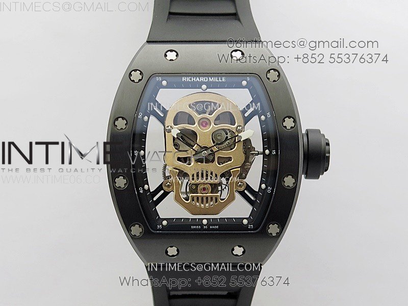RM052 Skull Black Ceramic Real Tourbillon YSF 1:1 Best Edition Skull Dial on Black Rubber Strap