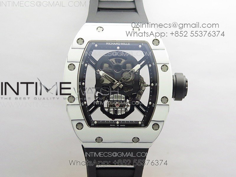 RM052 Skull White Carbon Real Tourbillon YSF 1:1 Best Edition Skull Dial on Black Rubber Strap