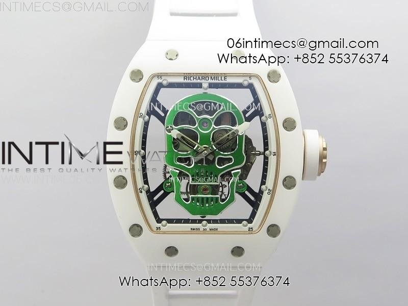 RM052 Skull White Ceramic/RG Real Tourbillon YSF Best Edition RG Skull Dial on White Rubber Strap