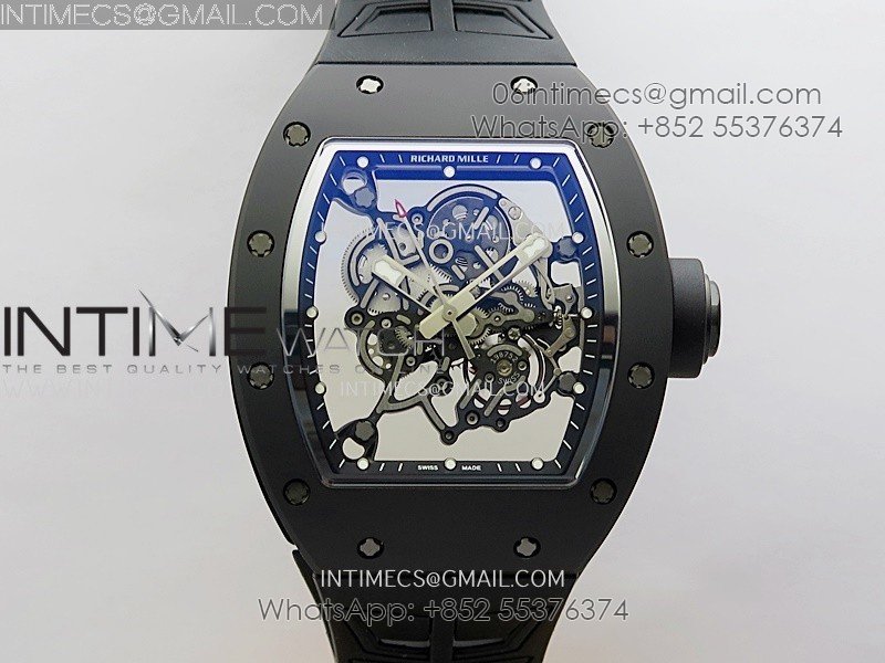 RM055 Black Crown And Inner Black Ceramic ZF 1:1 Best Edition Skeleton Dial On Black Rubber Strap RMUL2 Super Clone