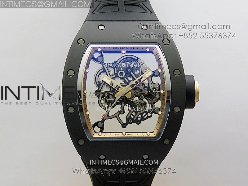 RM055 Black Crown RG Inner Black Ceramic ZF 1:1 Best Edition Skeleton Dial On Black Rubber Strap RMUL2 Super Clone