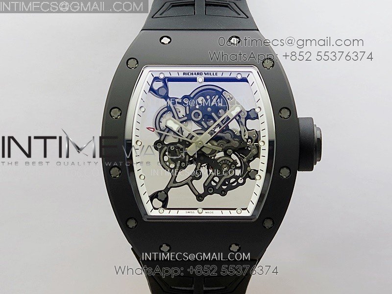 RM055 Black Crown White Inner Black Ceramic ZF 1:1 Best Edition Skeleton Dial On Black Rubber Strap RMUL2 Super Clone
