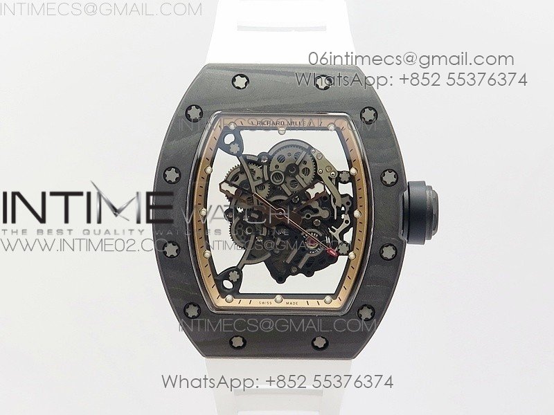 RM055 Carbon Case KVF Best Edition Carbon Bezel Skeleton Dial Black Crown on White Rubber Strap MIYOTA8215