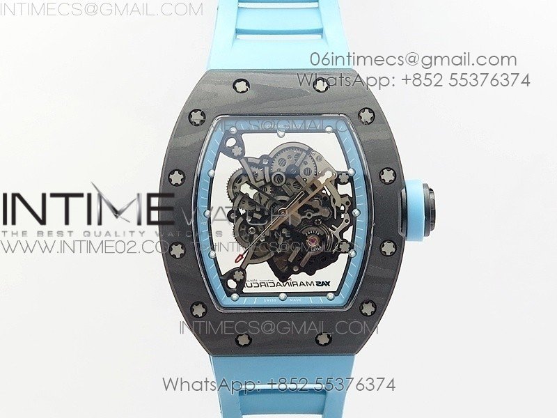 RM055 Carbon Case KVF Best Edition Carbon Bezel Skeleton Dial Blue Crown on blue Rubber Strap MIYOTA8215