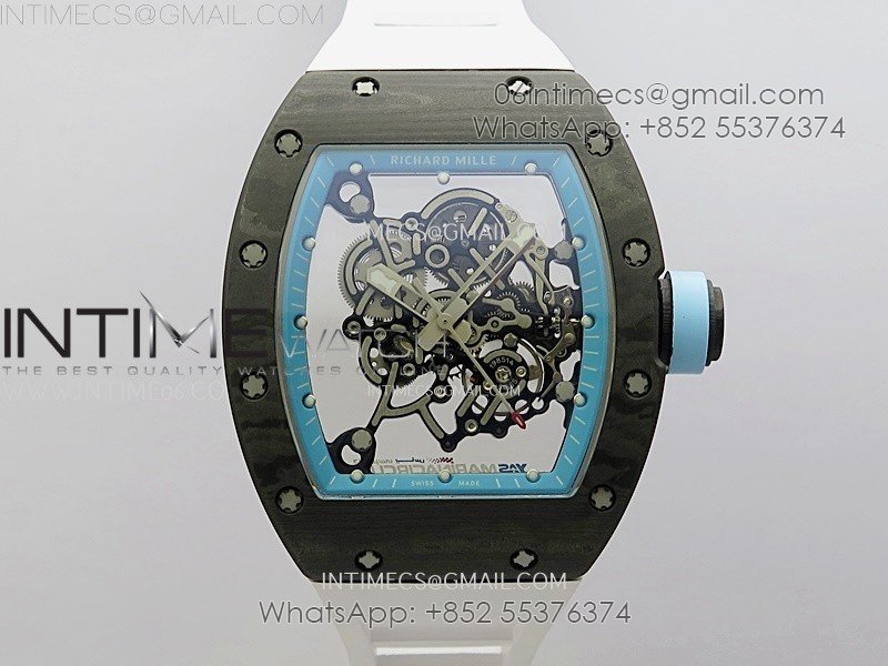 RM055 Real NTPT Blue Inner RMF Best Edition Skeleton Dial on White Rubber Strap RMUL2 Super Clone