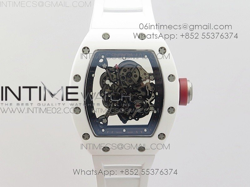 RM055 Real White Ceramic Case KVF Best Edition Skeleton Dial Red on White Rubber Strap MIYOTA8215
