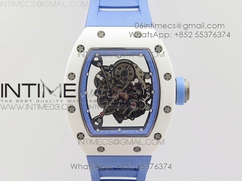 RM055 Real White Ceramic Case V2 KVF Best Edition Skeleton Dial Blue Crown on Blue Rubber Strap MIYOTA8215