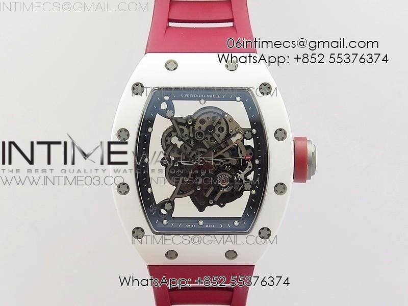 RM055 Real White Ceramic Case V2 KVF Best Edition Skeleton Dial Red Crown on Red Rubber Strap MIYOTA8215