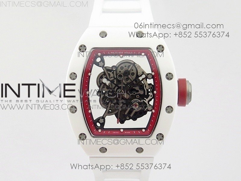 RM055 Real White Ceramic Case V2 KVF Best Edition Skeleton Dial Red Crown on White Rubber Strap MIYOTA8215