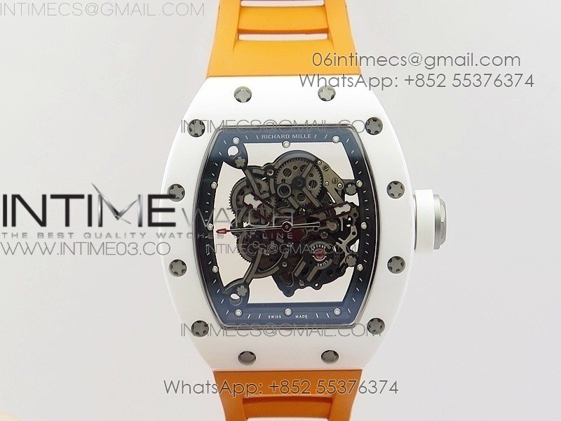RM055 Real White Ceramic Case V2 KVF Best Edition Skeleton Dial White Crown on Orange Rubber Strap MIYOTA8215